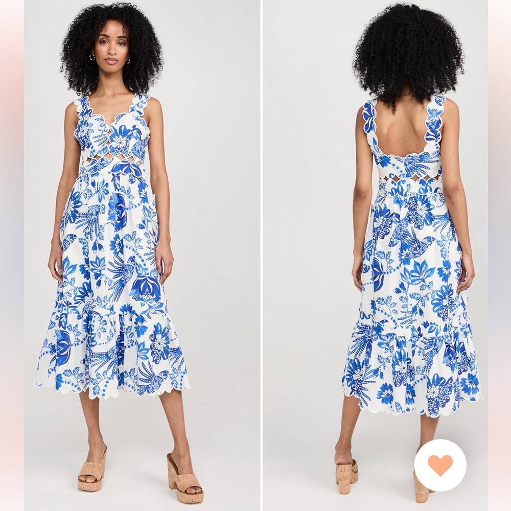 FARM RIO FLOWERFUL BIRDS OFF-WHITE MIDI DRESS